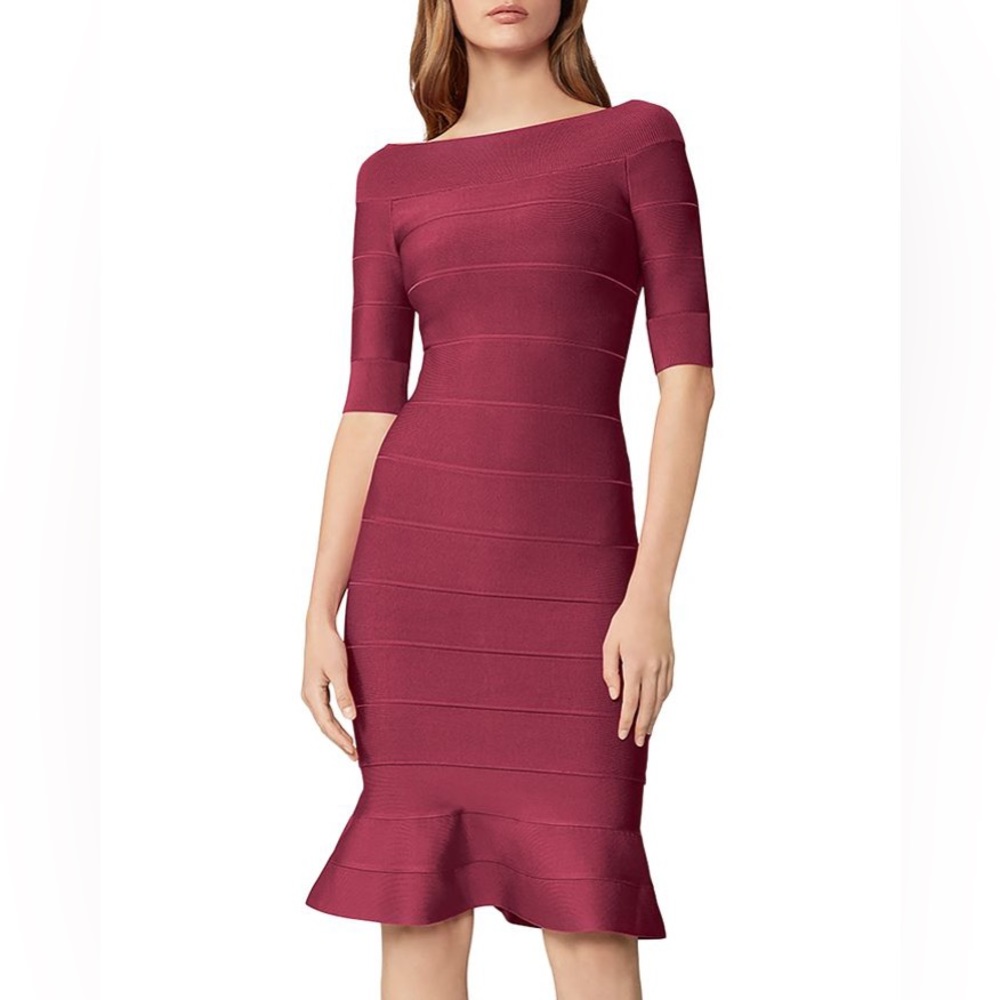 NWT $990 Herve Leger Raspberry Off-shoulder Fluted Bandage Dress